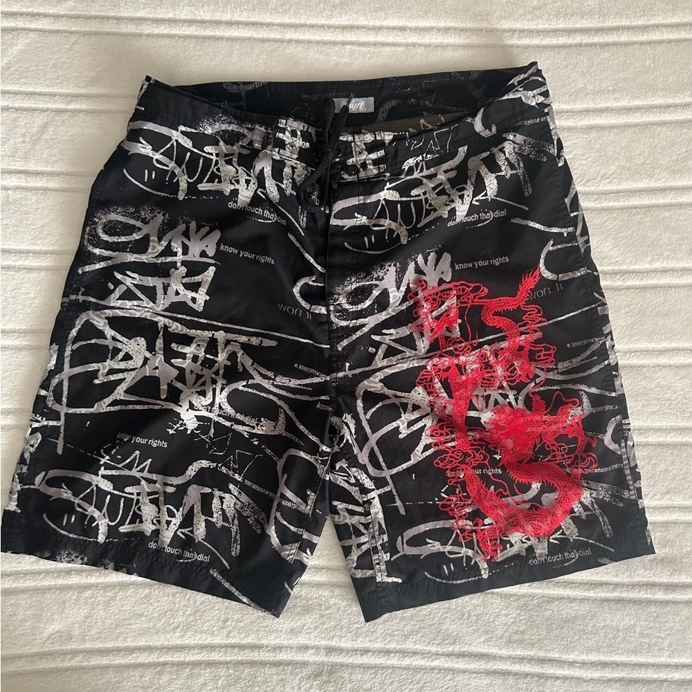 Utility Red and Black Urban Swim Shorts with Graphic Design​​​​​​